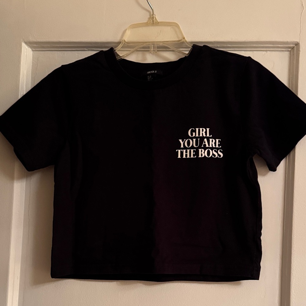 Cropped Black T-Shirt - 'Girl You Are The Boss' - size small
